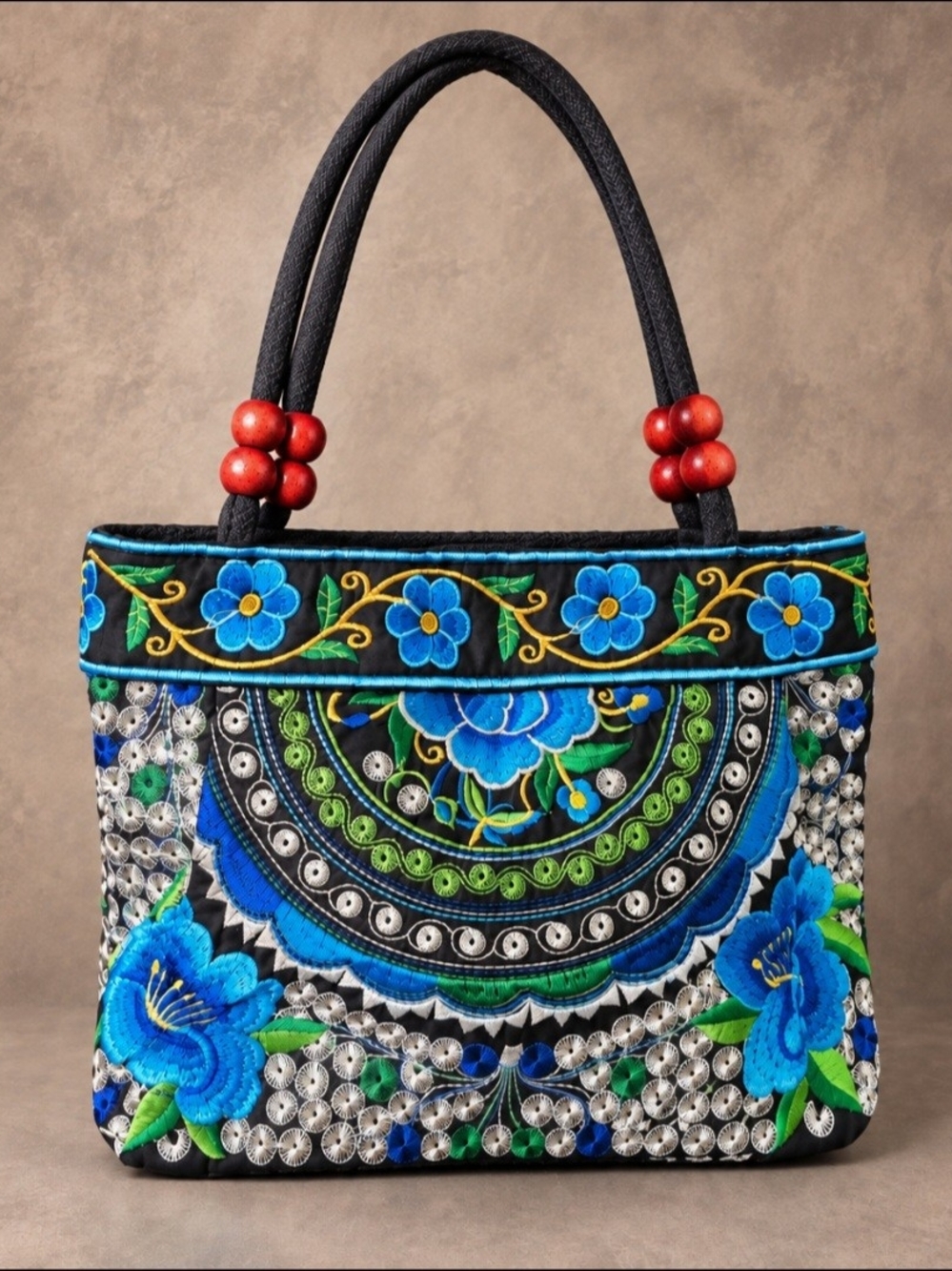 Source Unknown Black Tote with Blue & Green Embroidery and Red Bead Accents